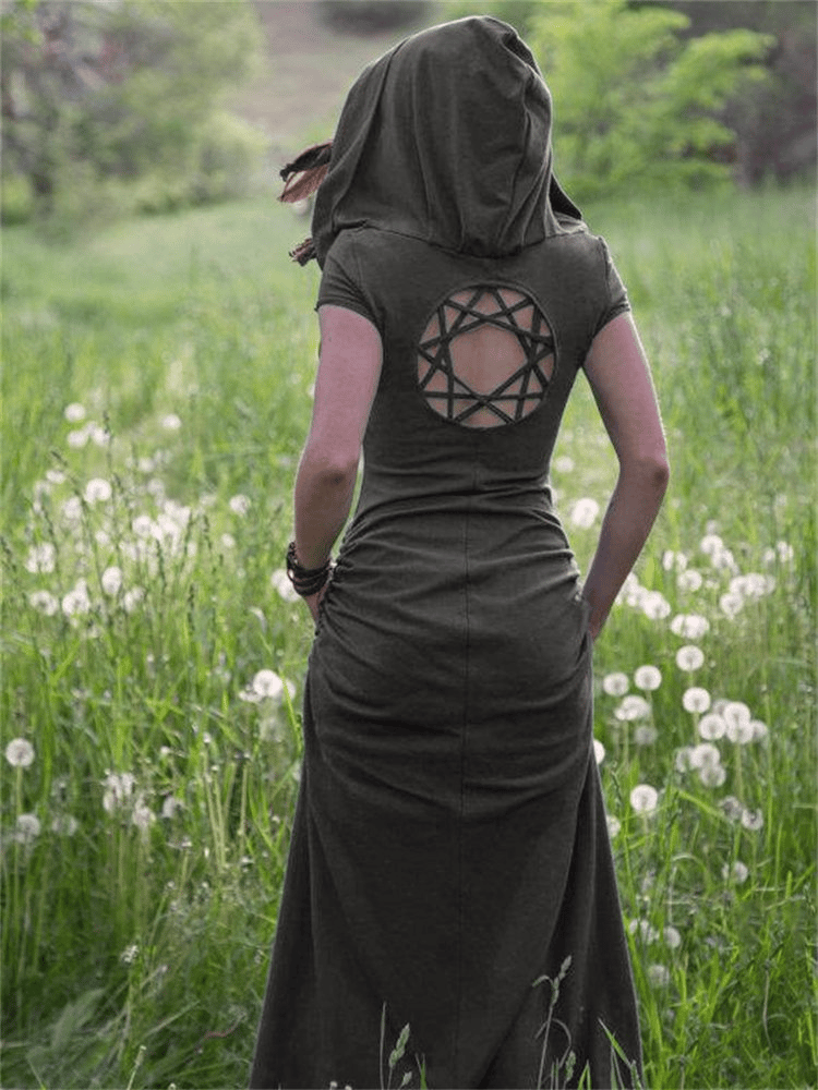 Women's Solid Tribal Print Short Sleeve Hooded Dress