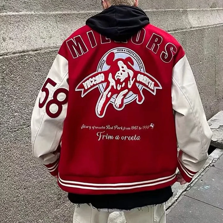 Letter Embroidery Retro Black Red Men's Baseball Varsity Jackets at Hiphopee