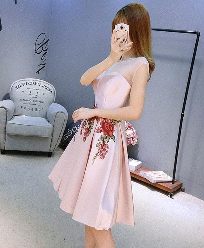 Stylish Pink See Through Lace Short Prom Dress, Homecoming Dress