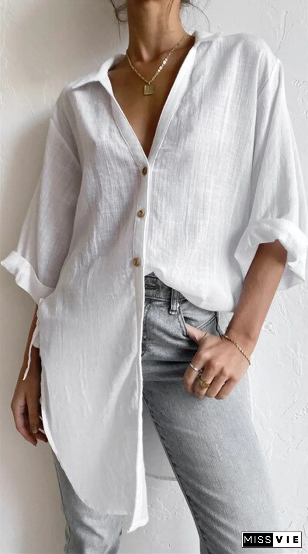 Fashion New Women's Polo Shirt Side Tie Seven-point Trumpet Sleeve Casual Solid Color Cotton And Linen Long Shirt