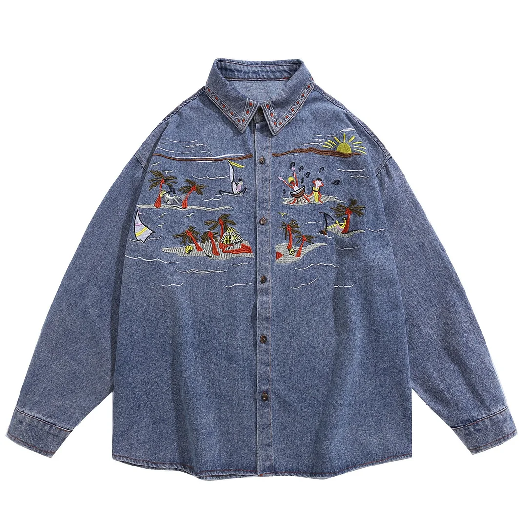Women's Retro Fun Cartoon Embroidery Coconut Tree Waves Spring and Autumn Denim Long Sleeve Shirt