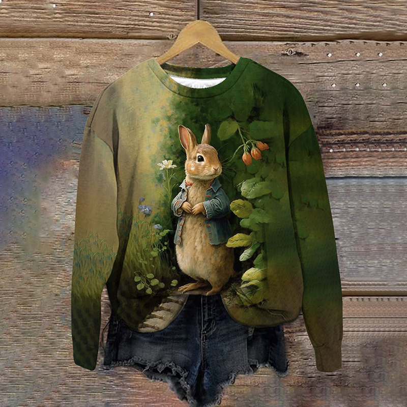 Rabbit Art Print Crew Neck Long Sleeve Sweatshirt wearshes