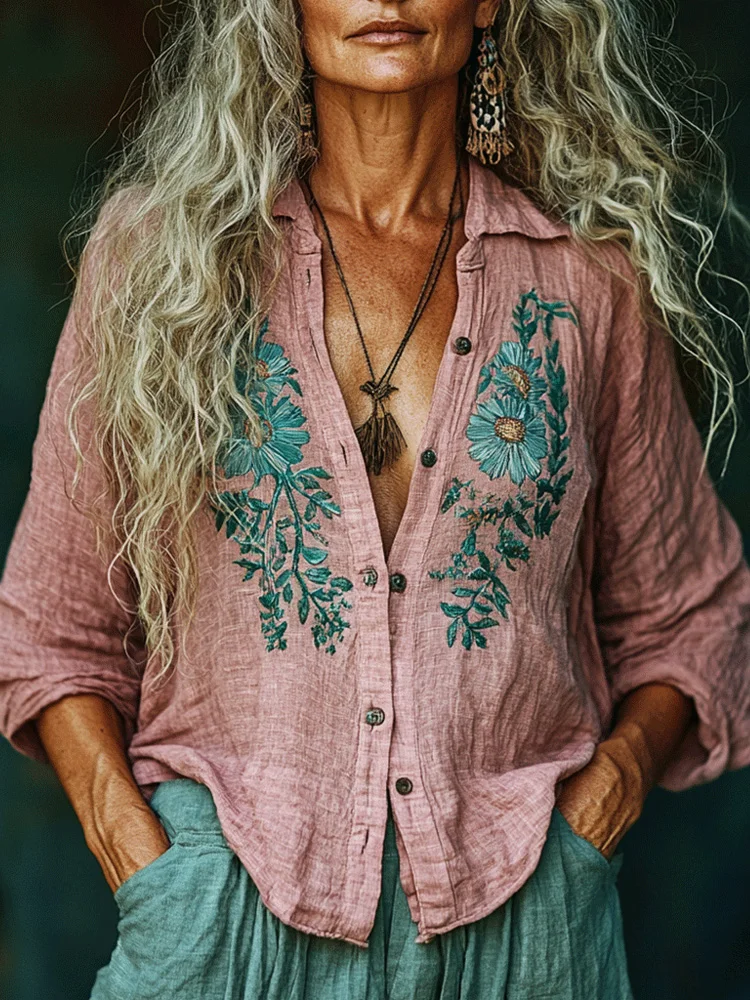 Women's Vintage Linen Bohemian Print Shirt