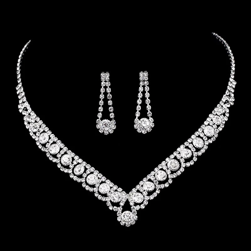 Wedding Blue Rhinestones Necklace Earrings Jewelry Set 2024 - Flycurvy 