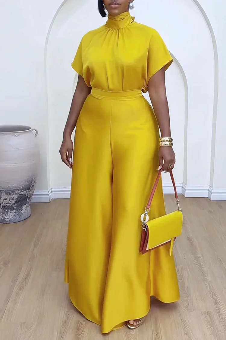 High Neck Short Sleeve Top Solid Color Wide Leg Pants 2pcs Set-Yellow