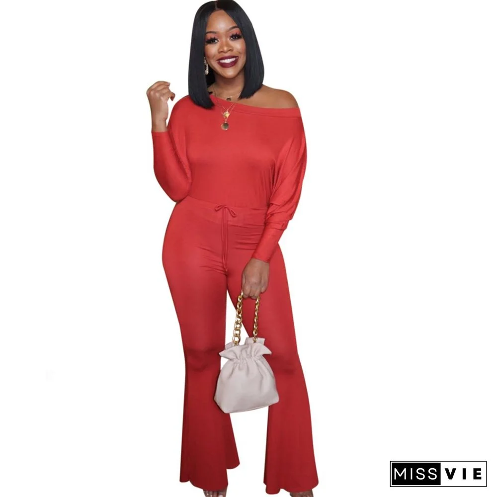 Spring Solid Color Off Shoulder Long Sleeve High Waist Bodycon Women Clubwear Flare Jumpsuit