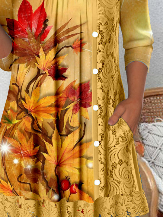 Women's Long Sleeve Scoop Neck Graphic Lace Buttons Top