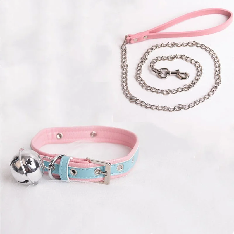 Sexy Cute Choker Leash Chain Pink Blue Harajuku Handmade Gothic Punk Leather Necklace with Bells Sex Toys for Couple Collar