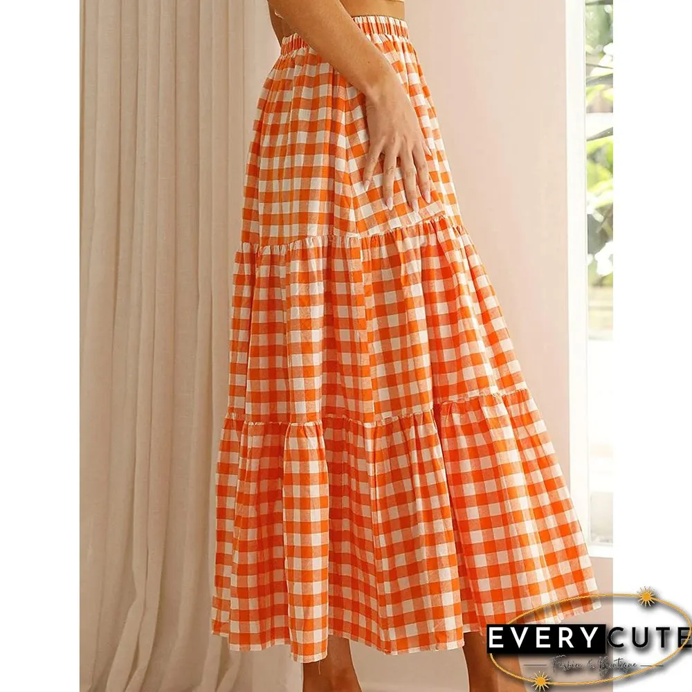 Orange Plaid Print Pocketed Maxi Skirt