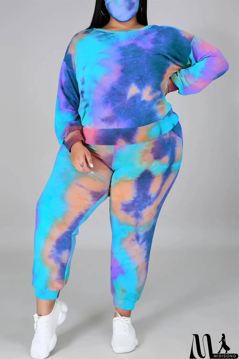 MidiSono - Multicolor Fashion Casual Print Tie Dye Backless O Neck Plus Size Two Pieces