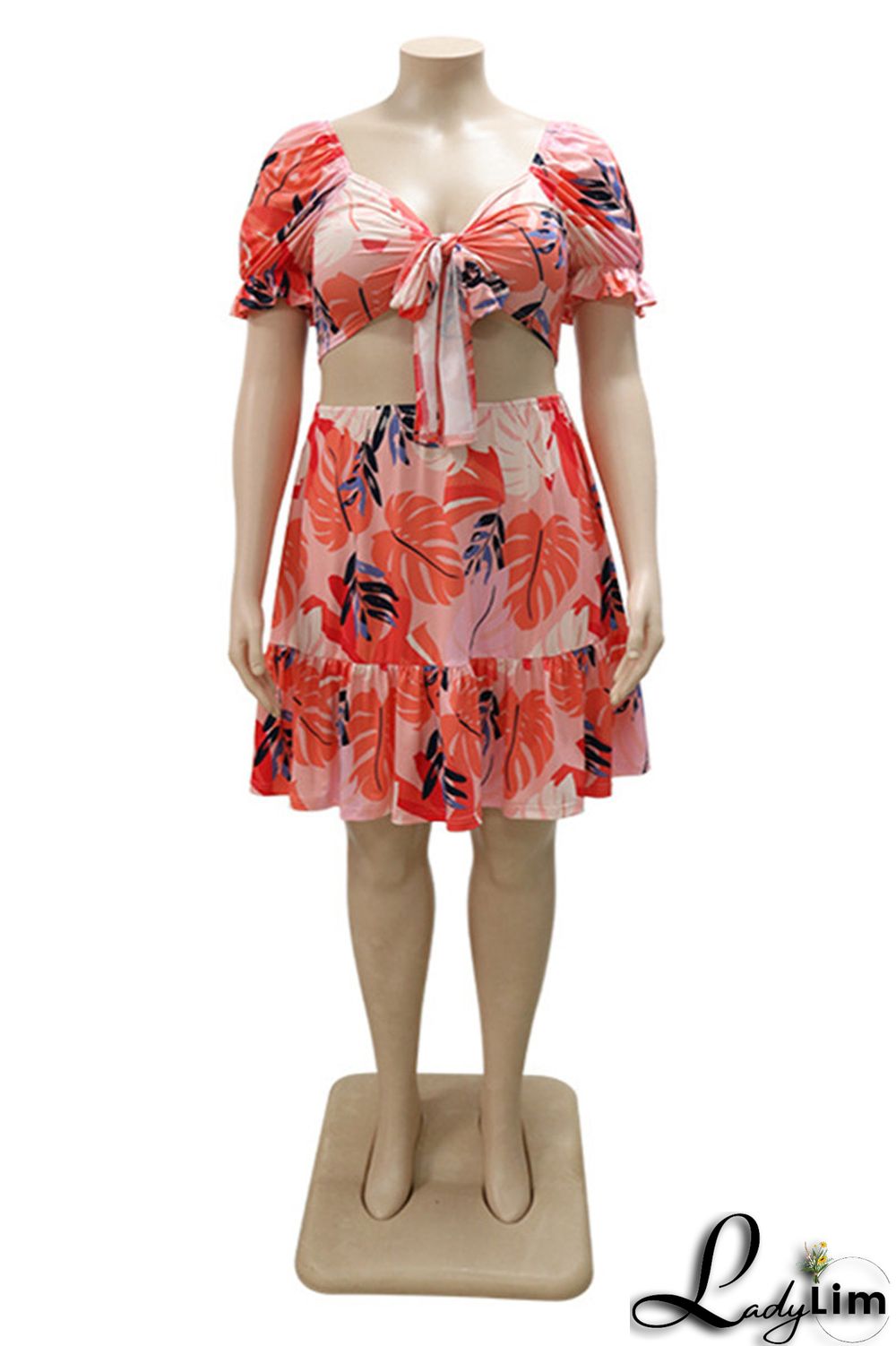 Pink Fashion Sexy Print Bandage V Neck Plus Size Two Pieces