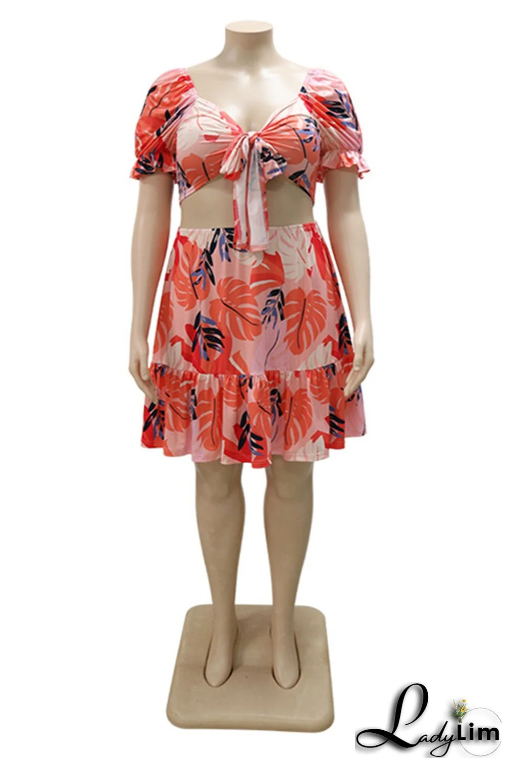 Pink Fashion Sexy Print Bandage V Neck Plus Size Two Pieces