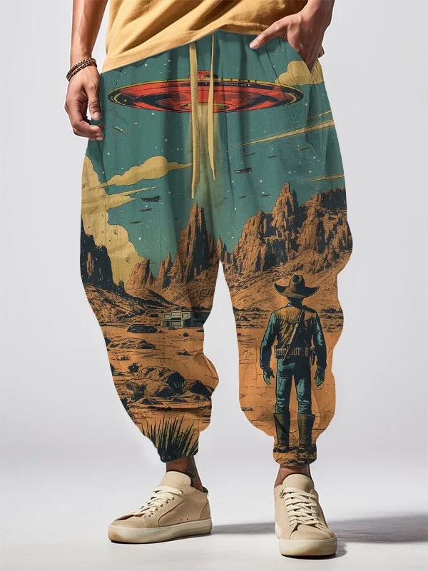Men's Western Cowboy Meets UFO Art Print Loose Drawstring Waist Sweatpants