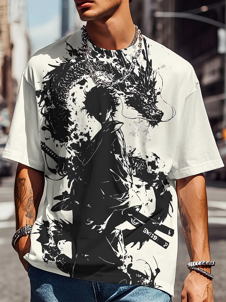 Men's Japanese Art Warrior Dragon Ink Painting Print T-Shirt