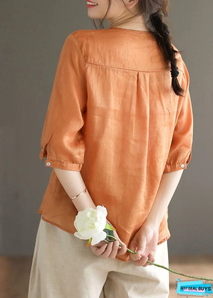Plus Size Orange V Neck Embroideried Linen Blouse Top Half Sleeve