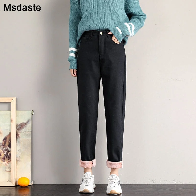 Winter Jeans for Women Velvet Thick Warm Denim Pants High Waist Fleece Mom Jeans Vintage Wide Leg Ankle-Length Harem Denim Pants