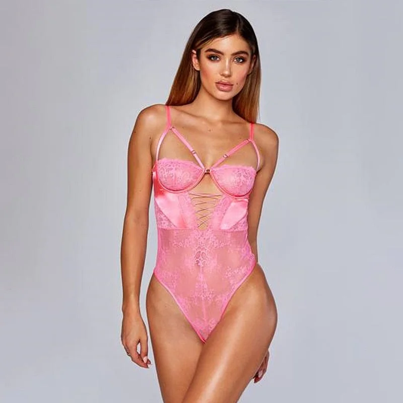 Cryptographic Red Strappy Lace Up Bodysuit Sexy Backless Jumpsuit Female Body Mesh Sheer Lace Cut-Out Teddy Push Up Bodysuits