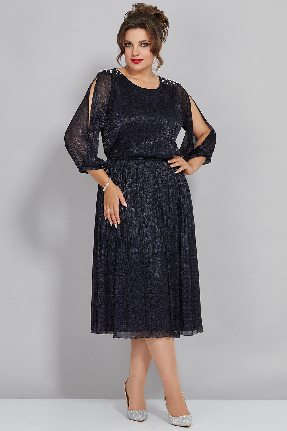 Plus Size Formal Navy Blue Glitter Beaded Cut Out 3/4 Sleeve Midi Dress 2024 - Flycurvy 