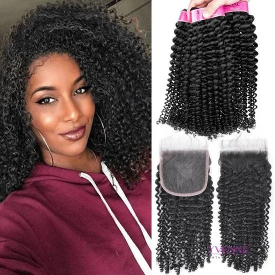  Free Shipping YVONNE Premium Kinky Curly Brazilian Virgin Hair 3 Bundles With 4x4 Lace Closure 