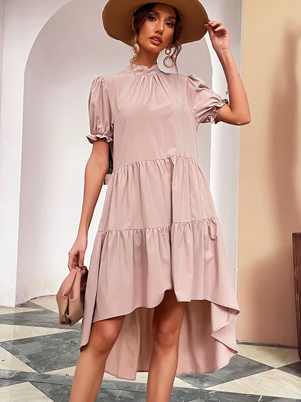 Casual Short Sleeves Irregularity Falbala Solid Color High-Neck Midi Dresses