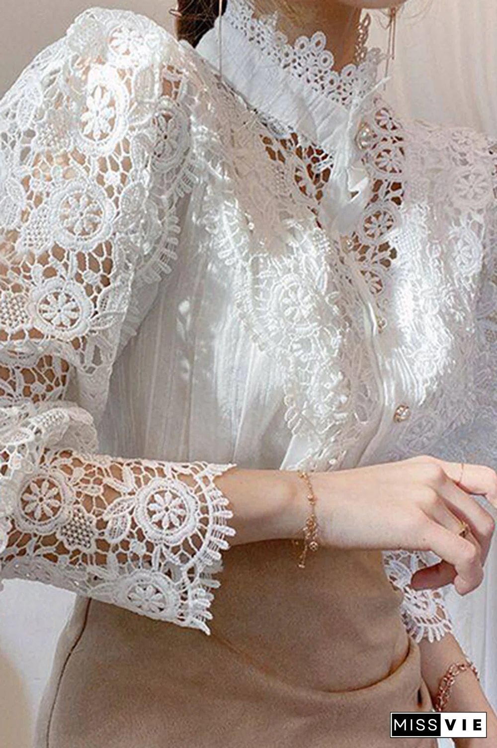 Elegant Patchwork Lace Hollowed Out Buckle Mandarin Collar Blouses(3 Colors)