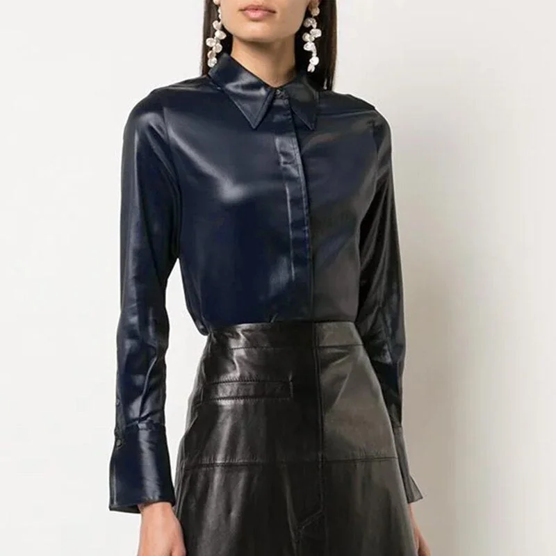 Oversized Women PU Shirts 2022 Celmia Fashion Long Sleeve Buttons Vintage Casual Leather Blouses Lapel Solid Tops Streetwear