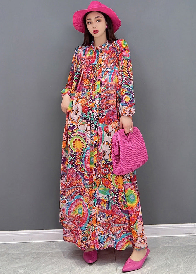 VCSHOES Red Stand Collar Button Print Chiffon Vacation Dresses Lantern Sleeve
