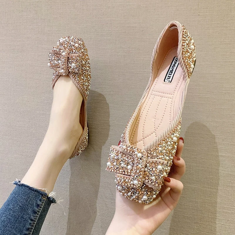Vstacam Graduation Gift  Women Ballet Flats 2023 Bling Crystal Diamond Dress Ladies Bow Sequins Single Shoes Rhinestone Glitter Square Toe Plus Size 43