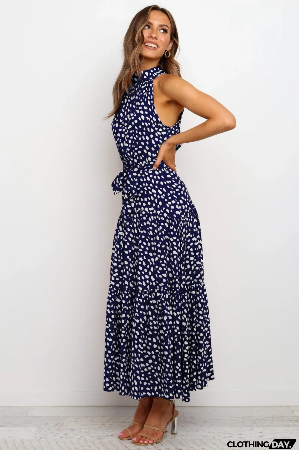 Print Elegant Long Dress with Scoop Neckline
