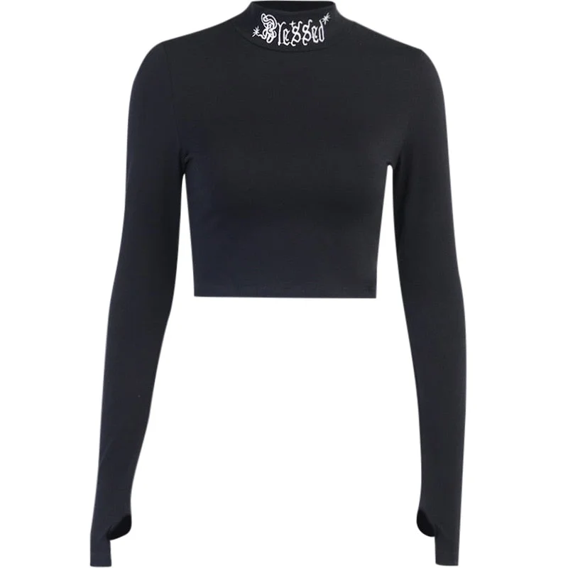 InsGoth Women Black Bodycon Long Sleeve Crop Tops Gothic Harajuku Letter Embroidery Vintage Solid Tops Female Casual Basic Tops