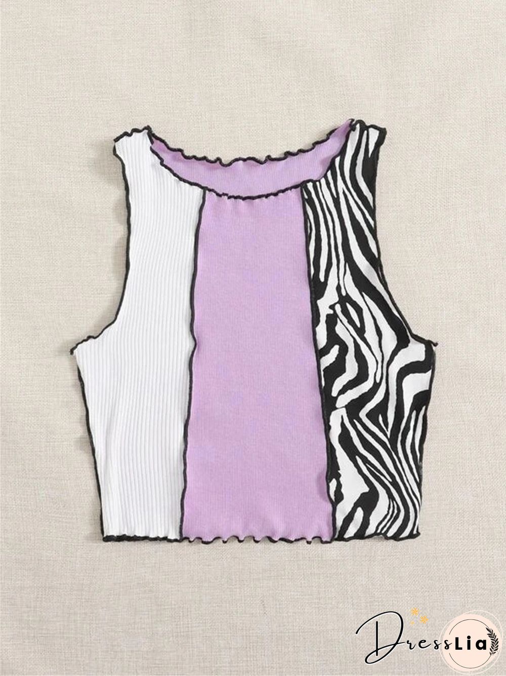 Womens Purple Y2K Zebra Stripe Printed Vest Top Summer Lettuce Trim Sleeveless Crop Tank Top Streetwear Harajuku Tee Shirt