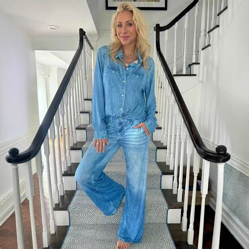 Women's Long Sleeve Button Down Top Wide Leg Jeans Two Piece Outfit