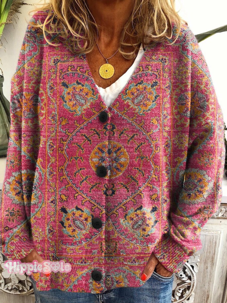 Women’s Retro Flowers Totem Print Buttoned V-Neck Cardigan Sweater Multicolor / S