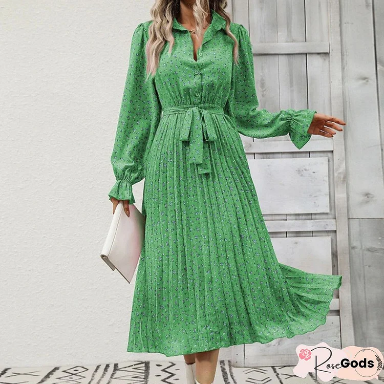 Lady Lapel Bottom High Waist Draped Dress Elegant Floral Print Lace-Up Long Dress Fashion Autumn Long Sleeve Pleated Party Dress