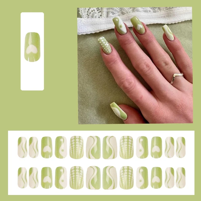 false nails short Green Solid Color with Gold Foil and Shell 3D Decoration Fake Nails Cute Bride Fake Nails Full Nail Tips-Nail Inspo