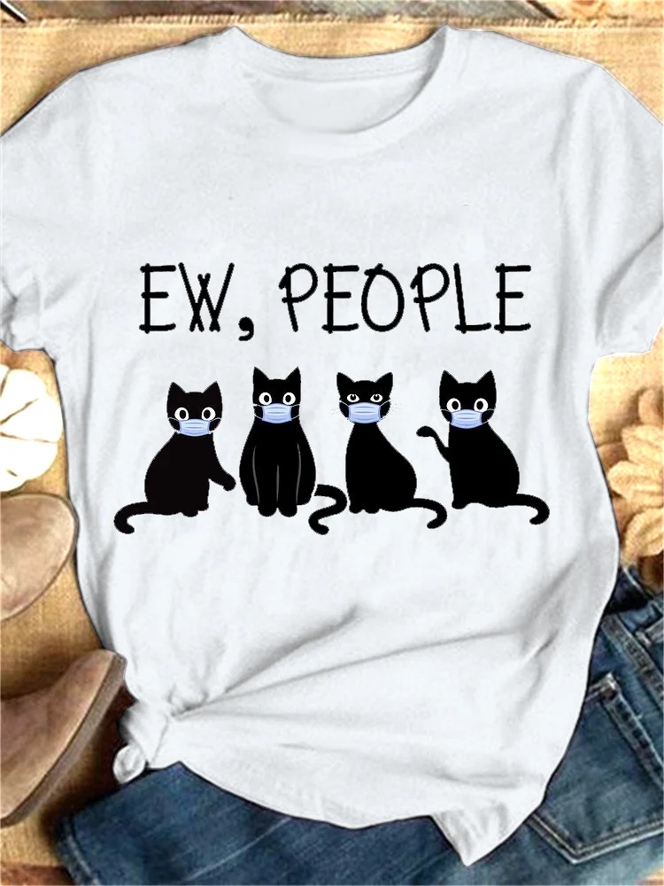 Vefave EW People Cat Graphic Crew Neck T Shirt