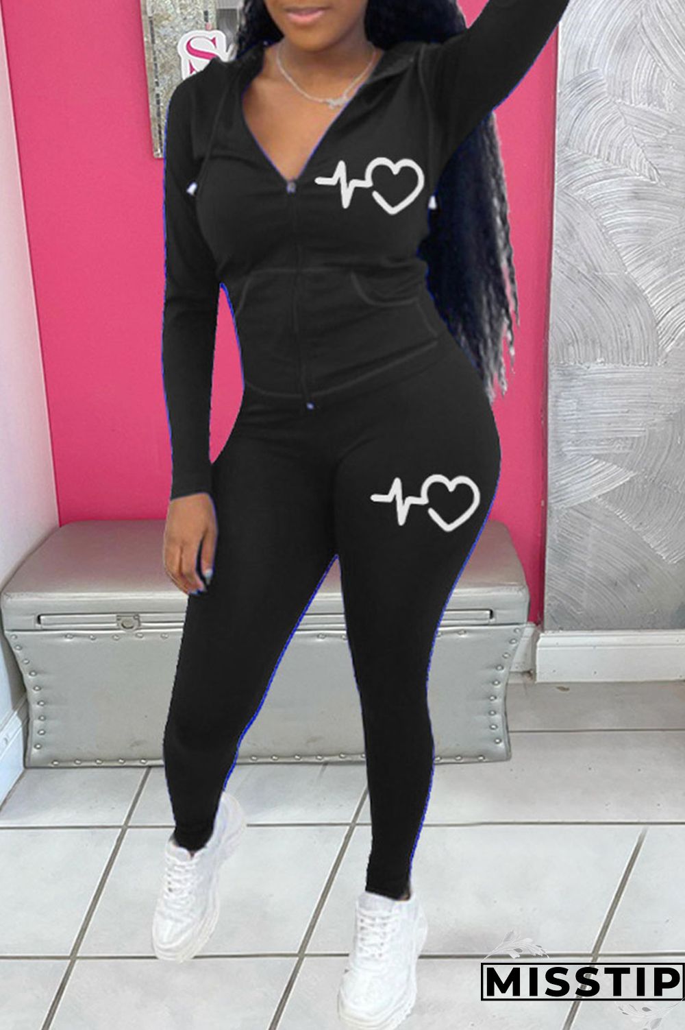 Pink Casual Print Patchwork Hooded Collar Long Sleeve Two Pieces