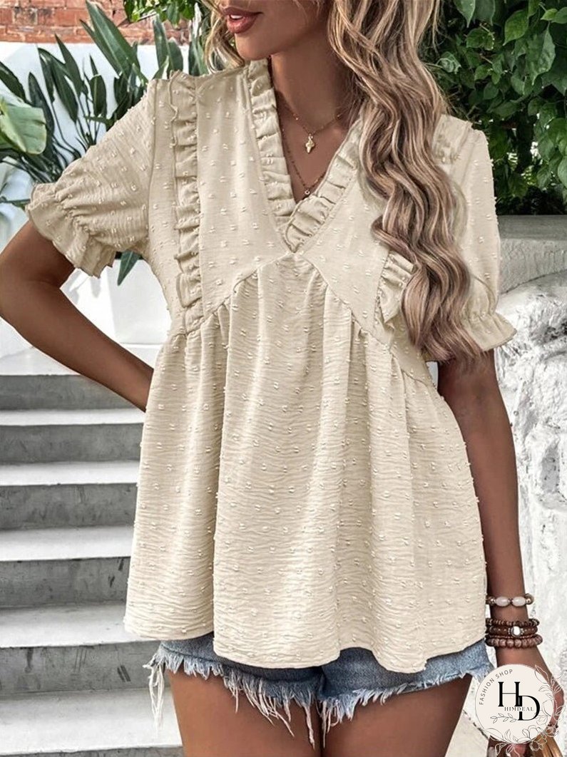 Blouses Jacquard V-Neck Ruffle Short Sleeve Blouse for Women