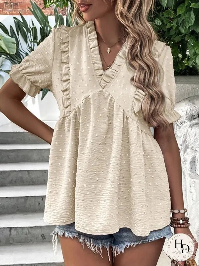 Blouses Jacquard V-Neck Ruffle Short Sleeve Blouse for Women