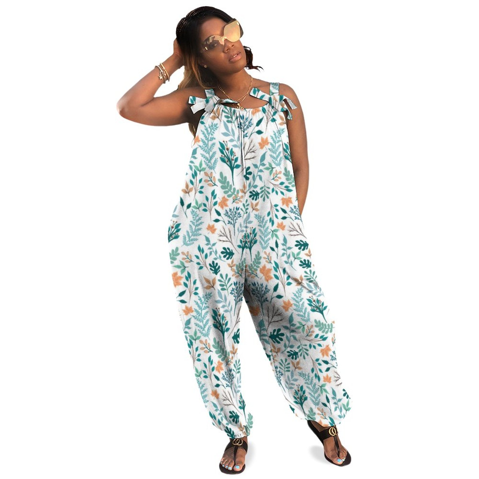 Cute Hand Paint Foliage Green Mint Orange Design Boho Vintage Loose Overall Corset Jumpsuit Without Top