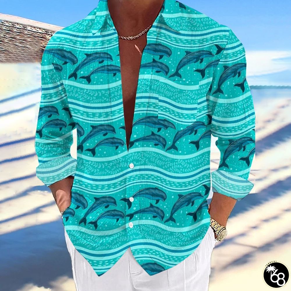 Men's Casual Hawaiian Dolphin Print Stand Collar Shirts | 168DEAL