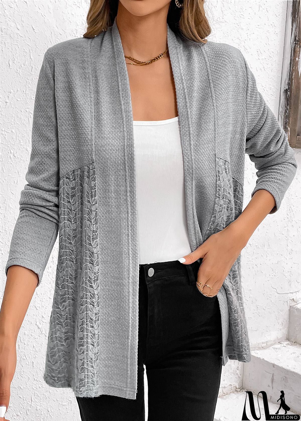 MidiSono - Plus Size Grey Patchwork Long Sleeve Cardigan