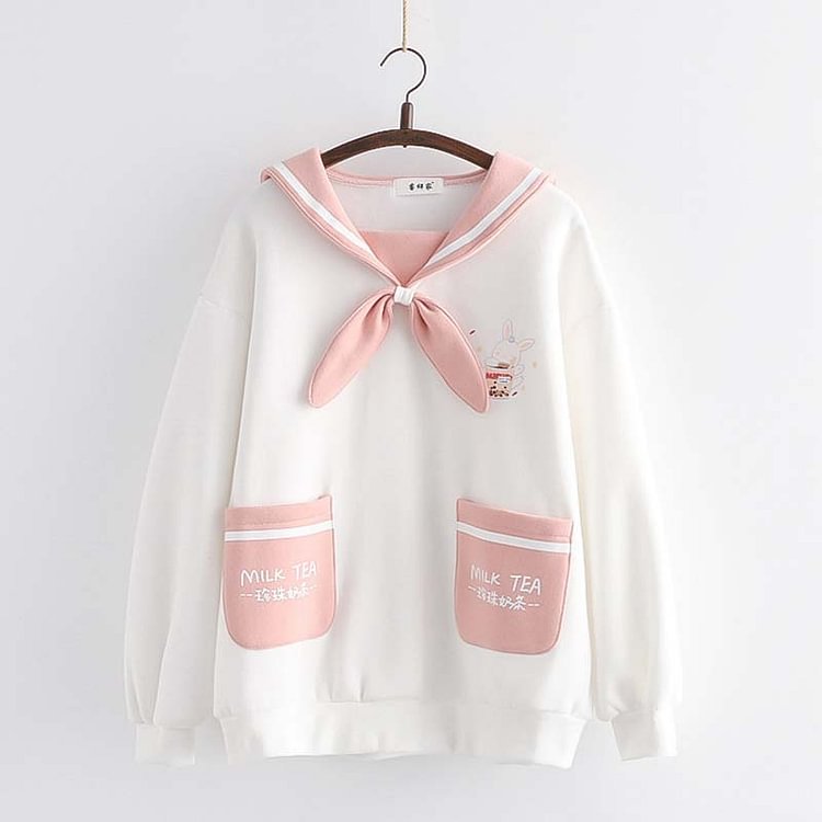 Sailor Collar Milk Tea Bunny Print Sweatshirt - Modakawa modakawa