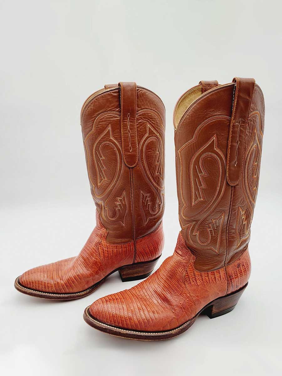 Orange & Brown Lizard Embossed Almond Toe Embroidered Cowgirl Boots