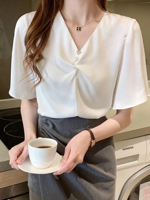 White v-neck chiffon short-sleeved chic shirt