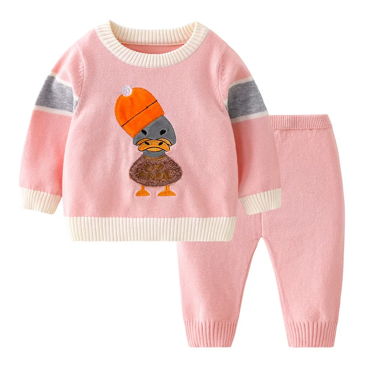 2pcs Baby Boys & Girls Lovely Duck Graphic Knit Tops and Pants Set