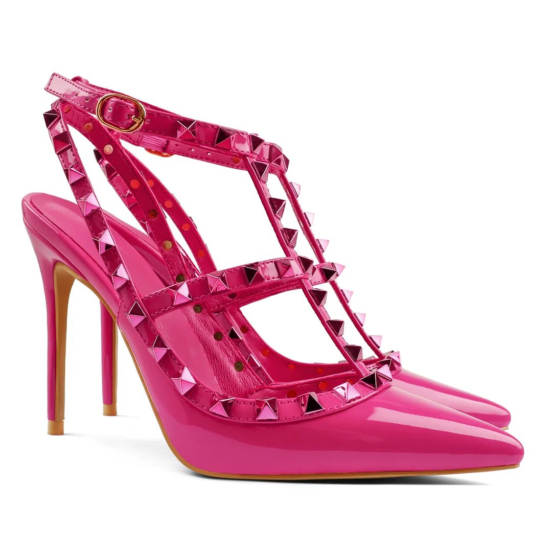 100mm Classic Fashion Square Stud Hot Pink Prom Party Sandals Heels-vocosishoes