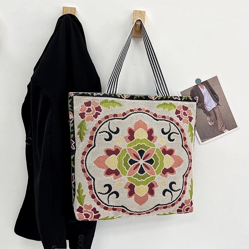 Women’s Medium Canvas Geometric Vacation Ethnic Style Zipper Canvas Bag