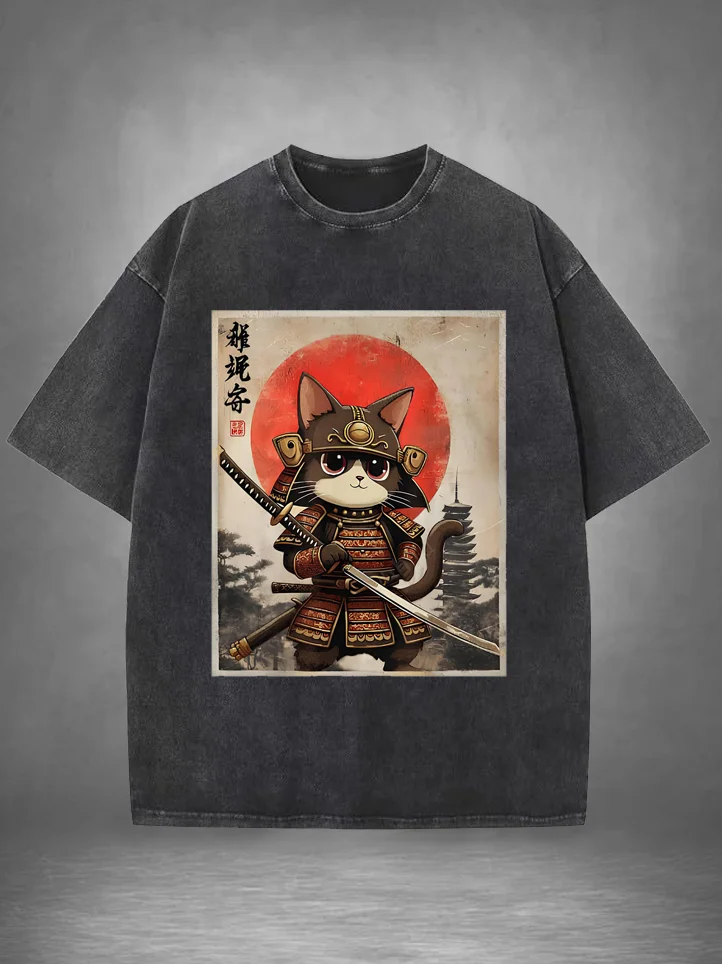 Men's Japanese Art Cat Samurai Print Cotton Washed T-Shirt