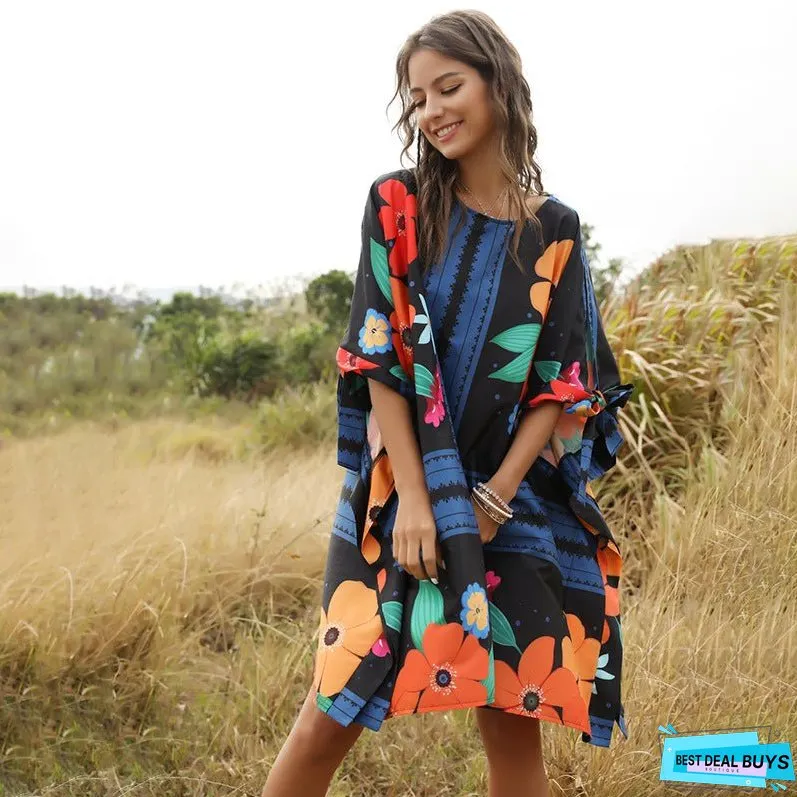 Fashion Fluffy Loose Dress Round Neck Bat Sleeve Women's Dress
